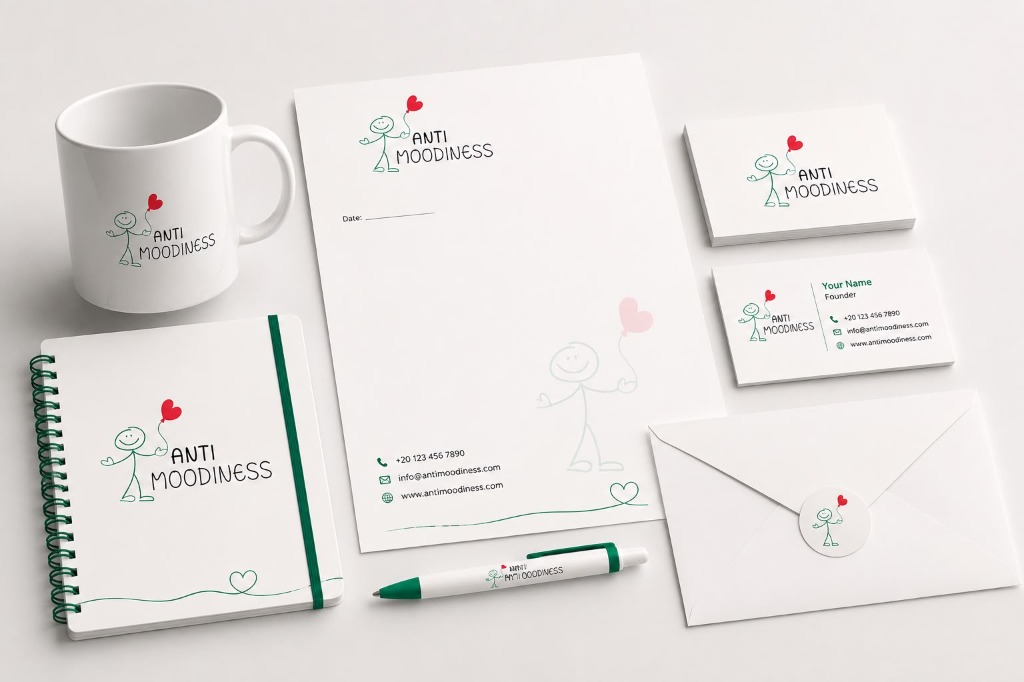 ANTI MOODINESS — Brand Applications: Notebook, mug, letterhead, business cards, envelope
