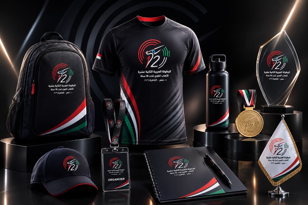12th Arab Athletics Championship U18 — Dark Theme Brand Applications: Backpack, T-shirt, cap, medal, trophy, notebook, badge