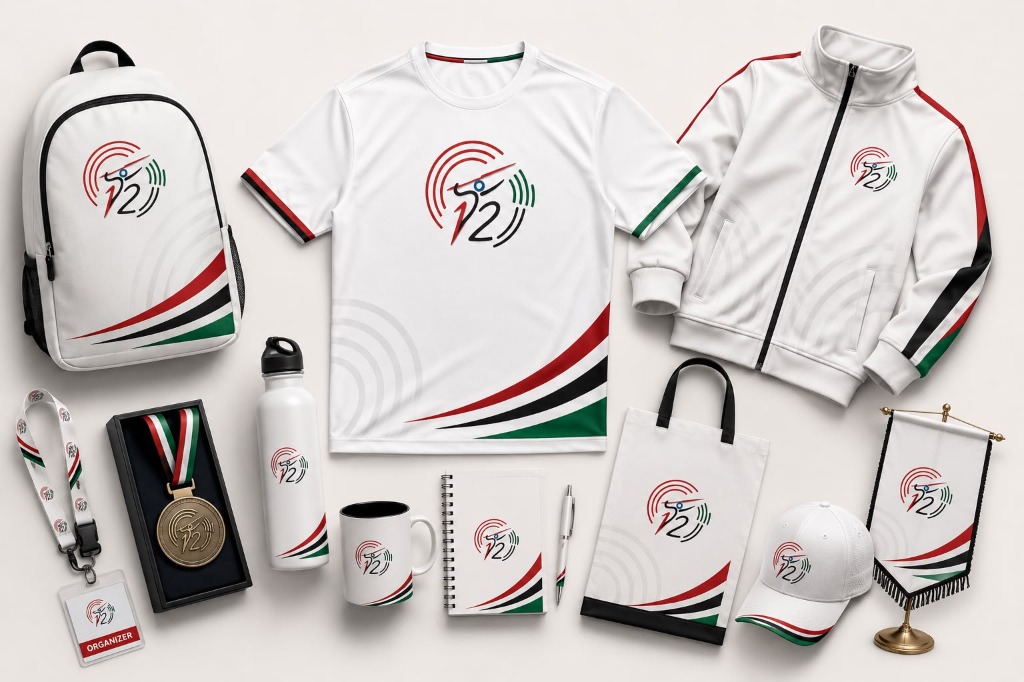 12th Arab Athletics Championship U18 — White Theme Brand Applications: Backpack, T-shirt, jacket, bag, mug, cap, medal