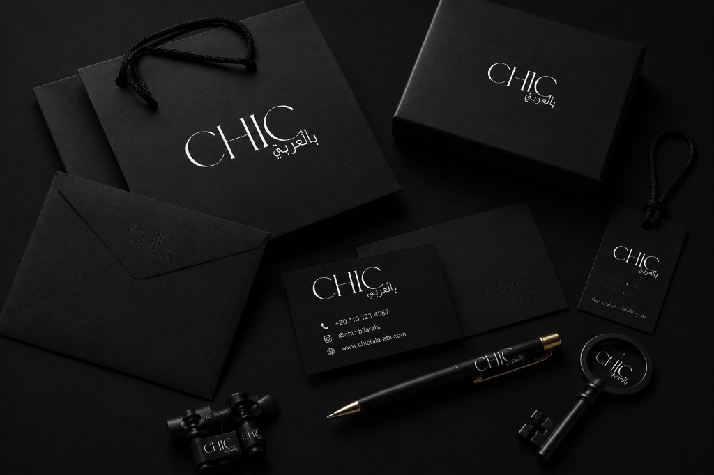 CHIC بالعربي — Brand Applications: Shopping bag, envelope, business card, key