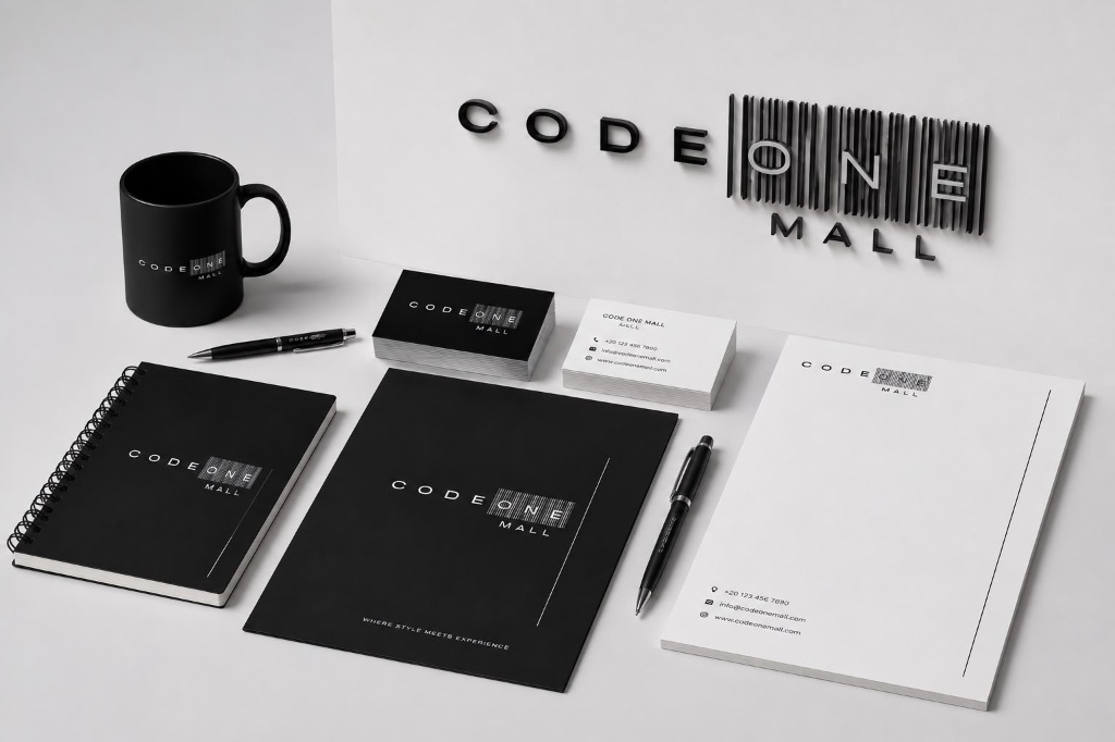 CODE ONE MALL — Brand Applications: Notebook, mug, business cards, letterhead