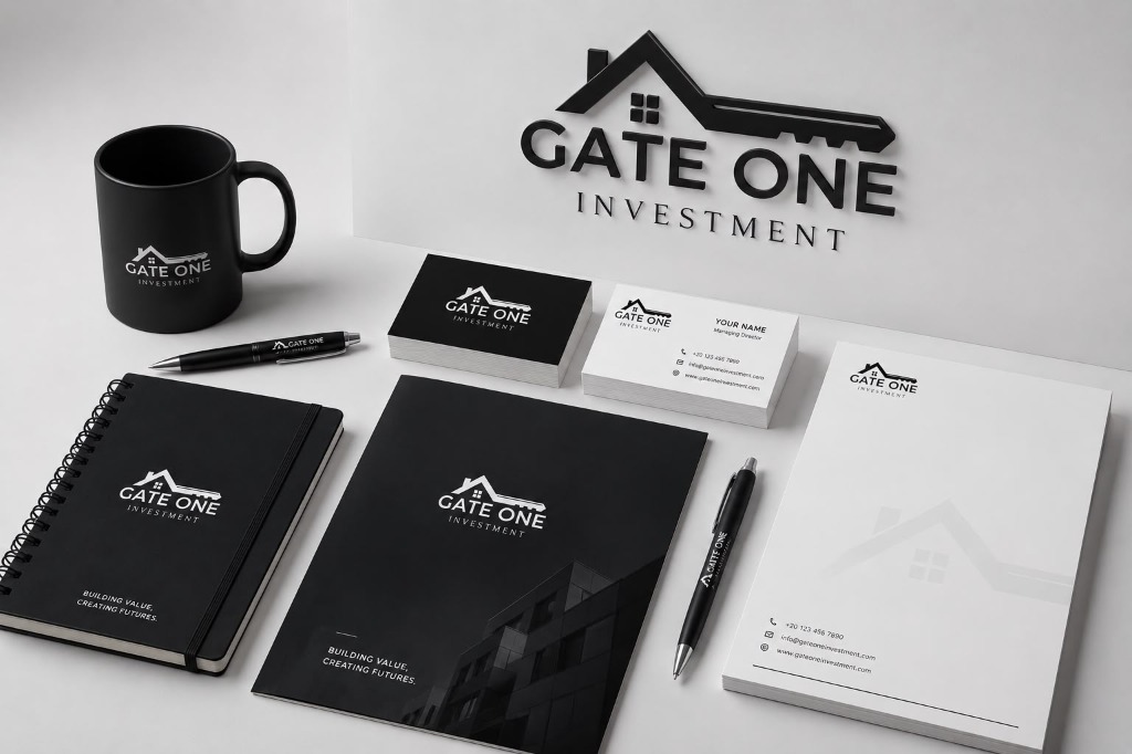 GATE ONE INVESTMENT — Brand Applications: Notebook, mug, business cards, letterhead