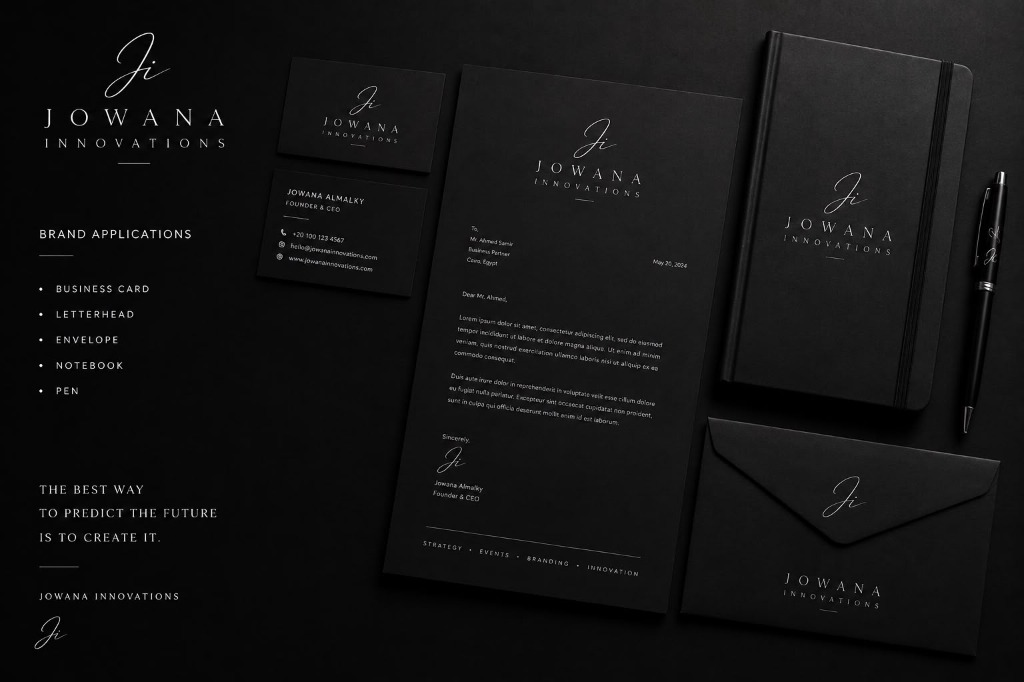 Jowana Innovations — Brand Applications: Business Card, Letterhead, Envelope, Notebook, Pen
