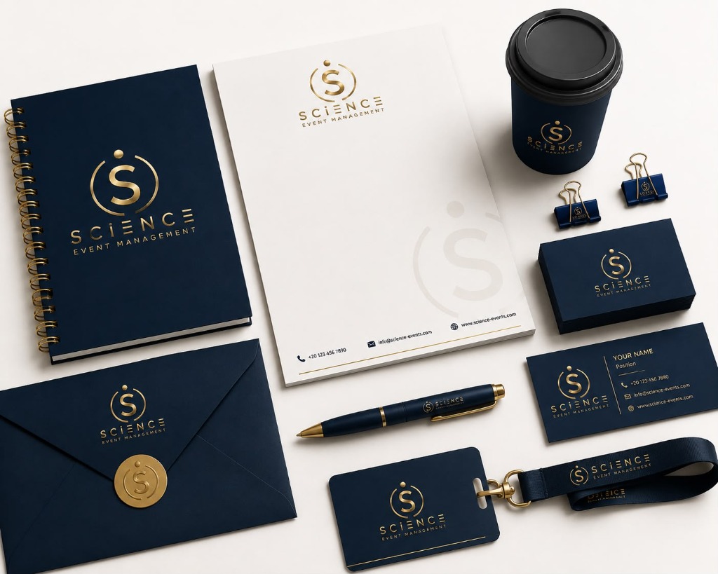 SCIENCE Event Management — Brand Applications: Notebook, letterhead, envelope, cup, business cards, lanyard